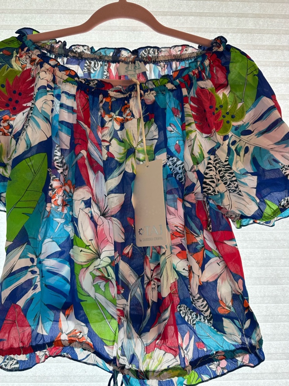TAJ by Sabrina Crippa Floral Off-Shoulder Blouse in Blue, Green, Red, Pink